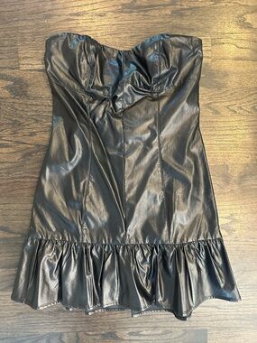 American Threads Black Faux Leather Strapless Dress